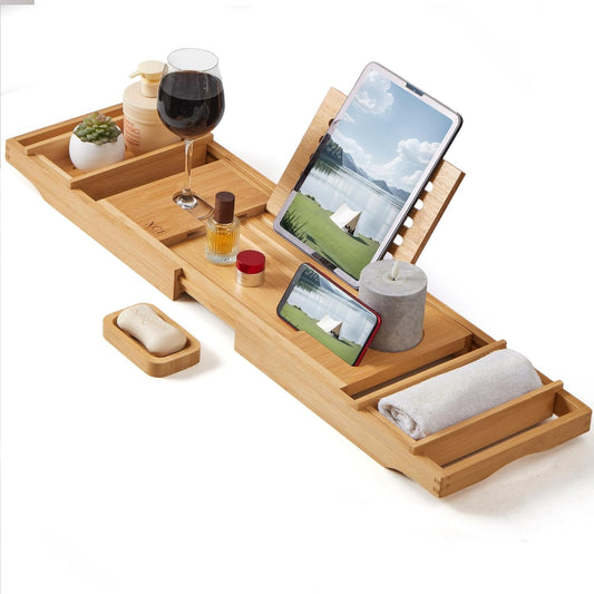 Bamboo Bathtub Caddy Tray - Expandable to 41 Inches with Book Stand, Soap Holder & Anti-Slip Pads for Luxury Bath Spa, Natural