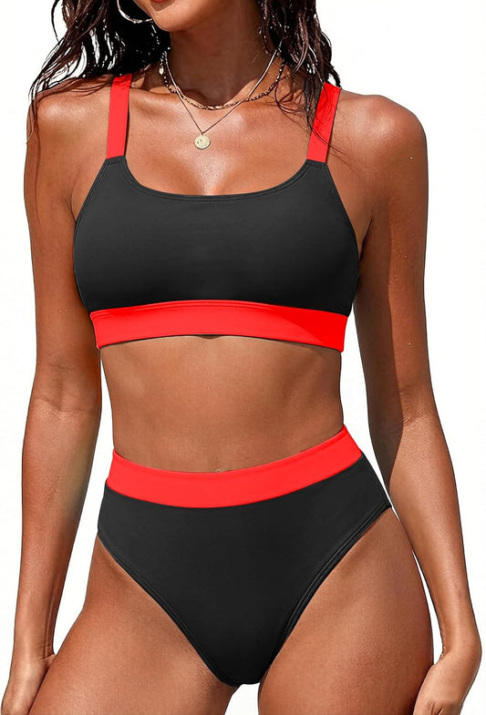 Women High Waisted Bikini Set Sports Color Block Swimsuit Scoop Neck Cheeky Bathing Suit